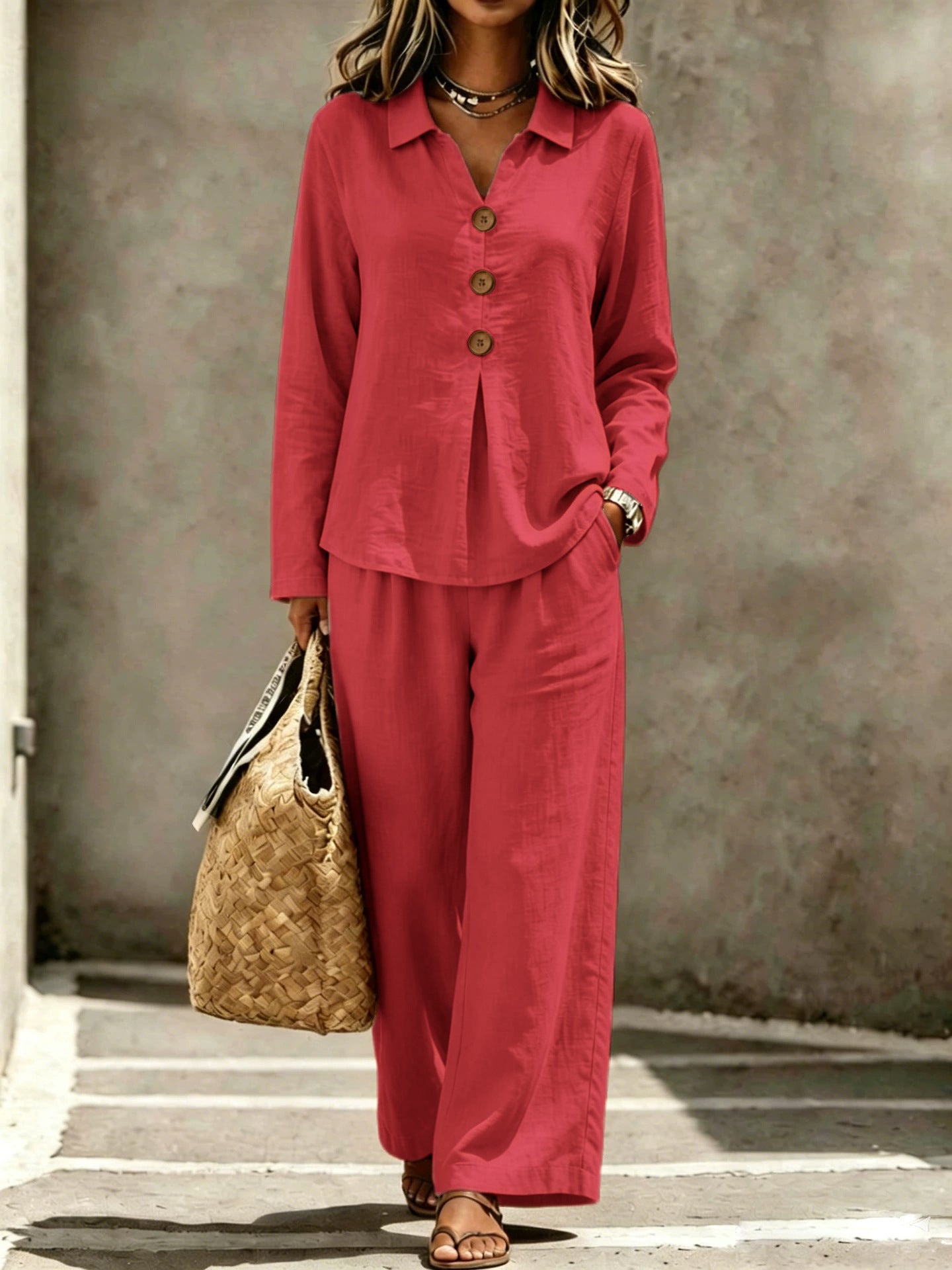 Lady Collar Decorated With Buttons Long-sleeved Trousers Suits