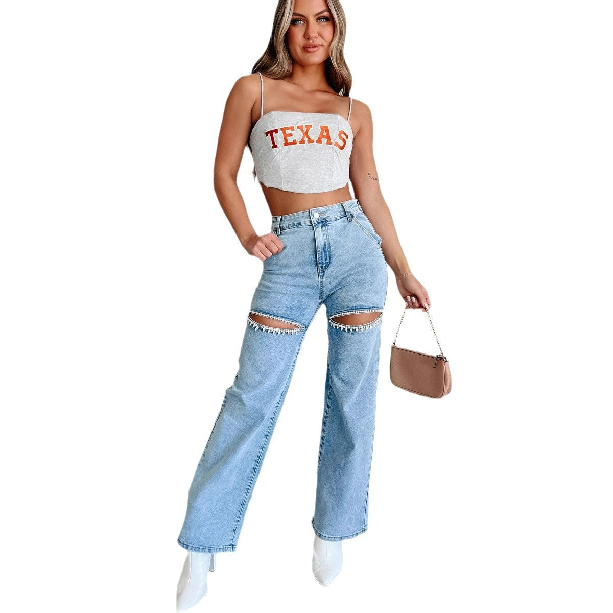 Women's Chain Ripped Straight Washed Fashion High Jeans
