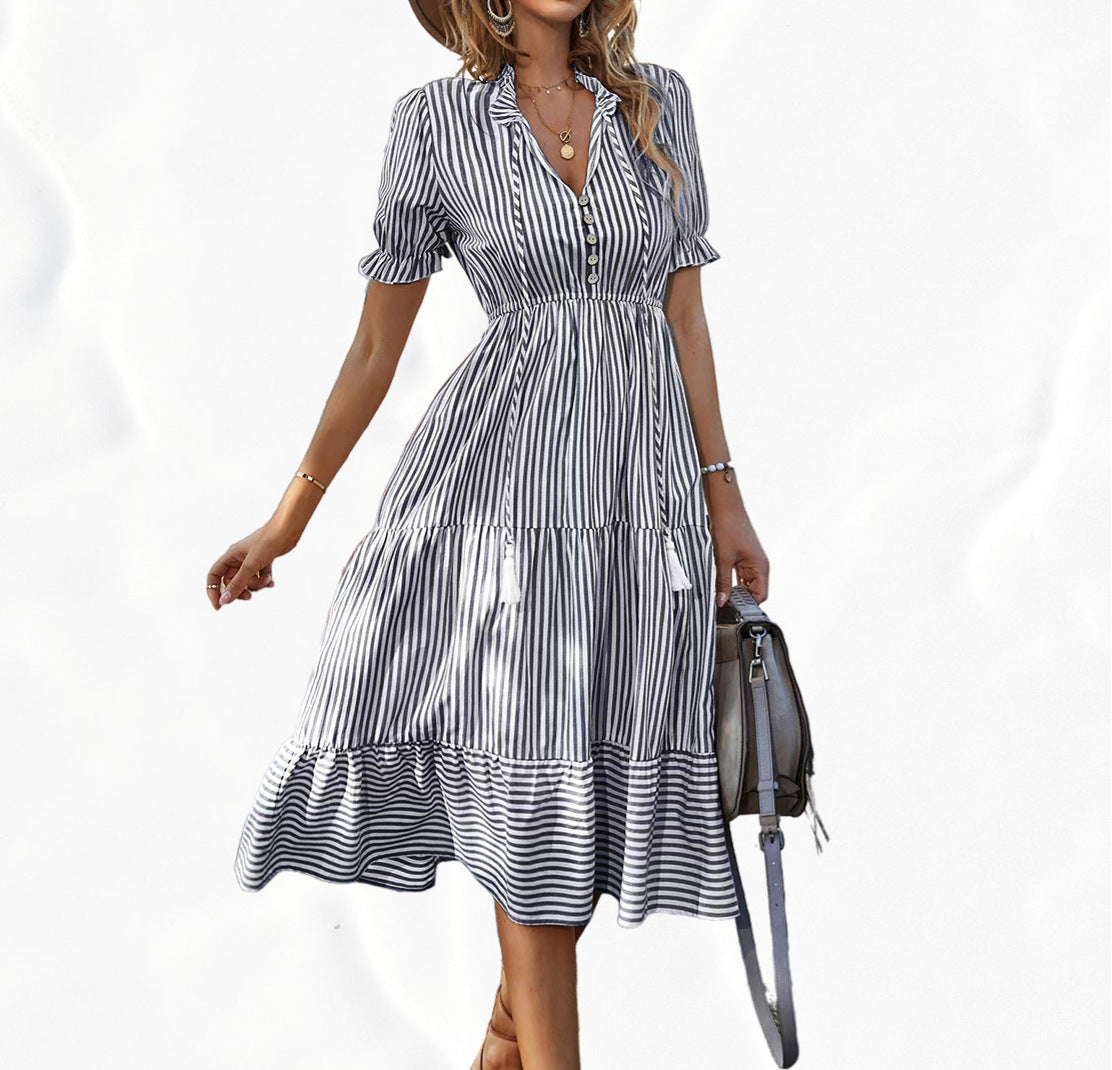 Women's Striped Elastic Waist Sleeve Expandable Dress