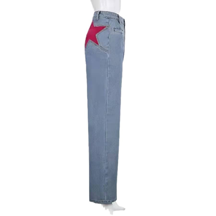Retro Back Contrast Color Trousers Casual Jeans