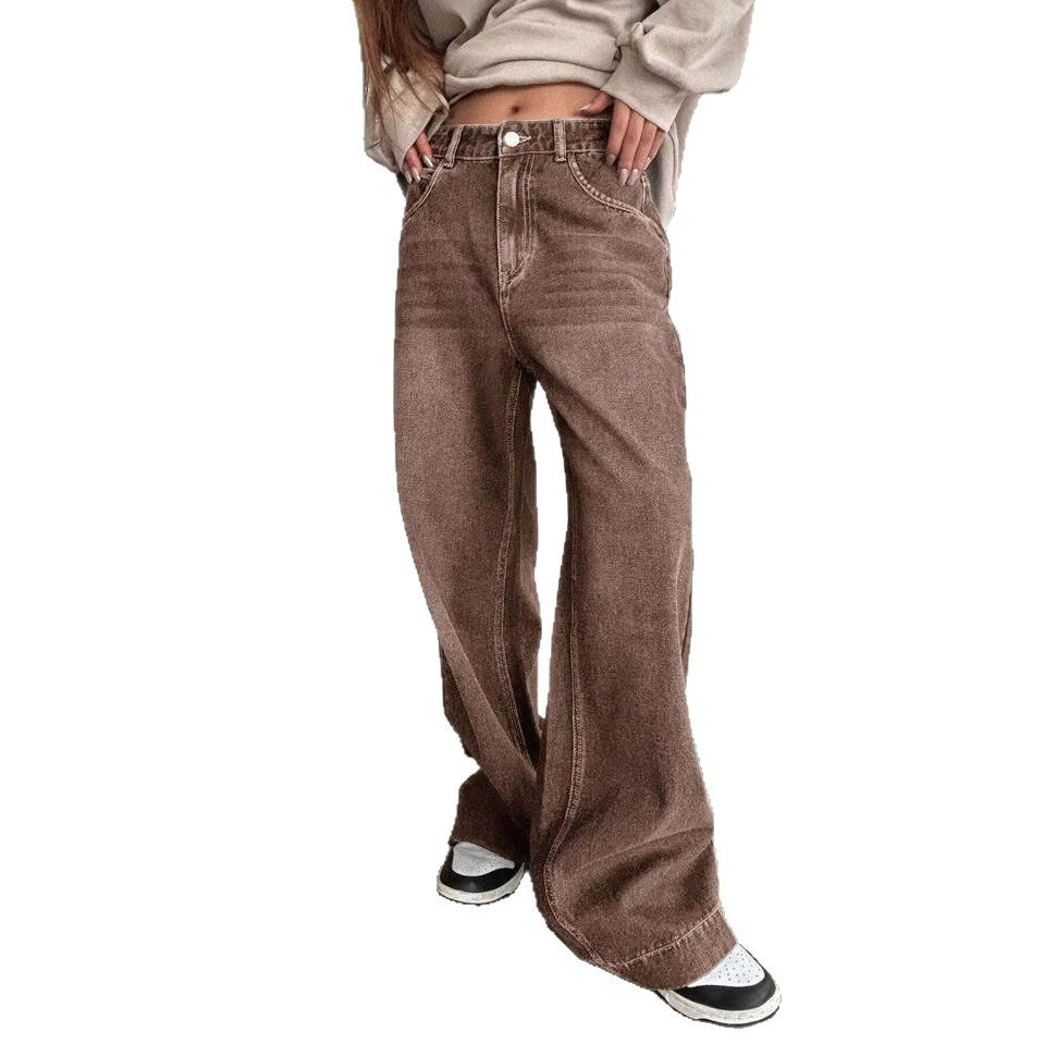 Women's High Waist Straight Coffee Color Washed Jeans