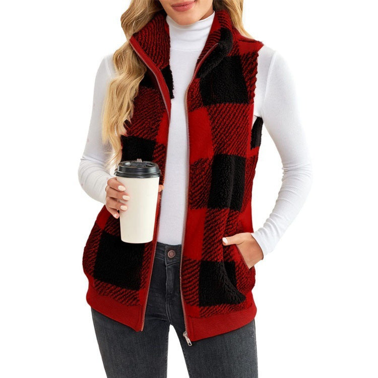 Women's Waistcoat Comfortable Veet Plaid Stand Collar Zipper Women's Vest