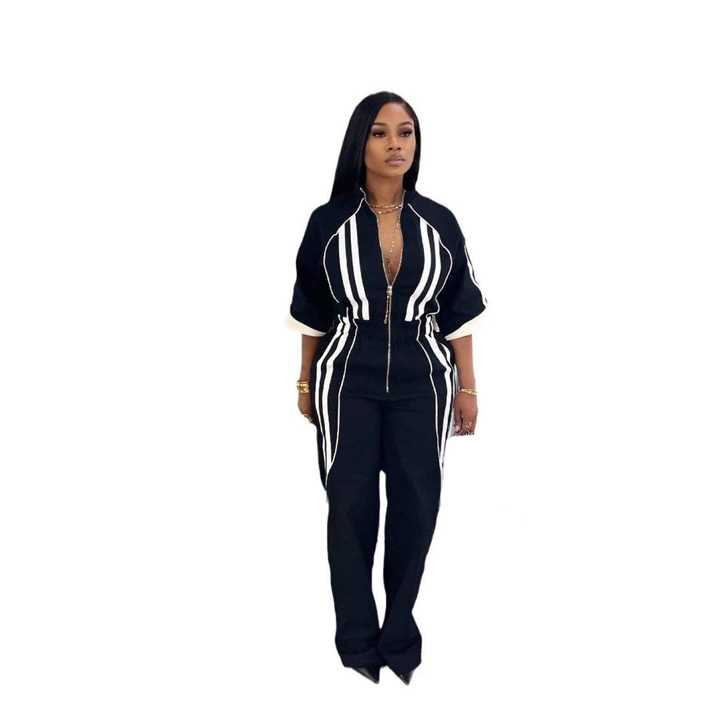 Women's 7-point Sleeve Waist Long Zipper One-piece Jumpsuits