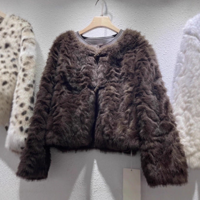 French Design Temperament Crew Neck Furry Imitation Coats