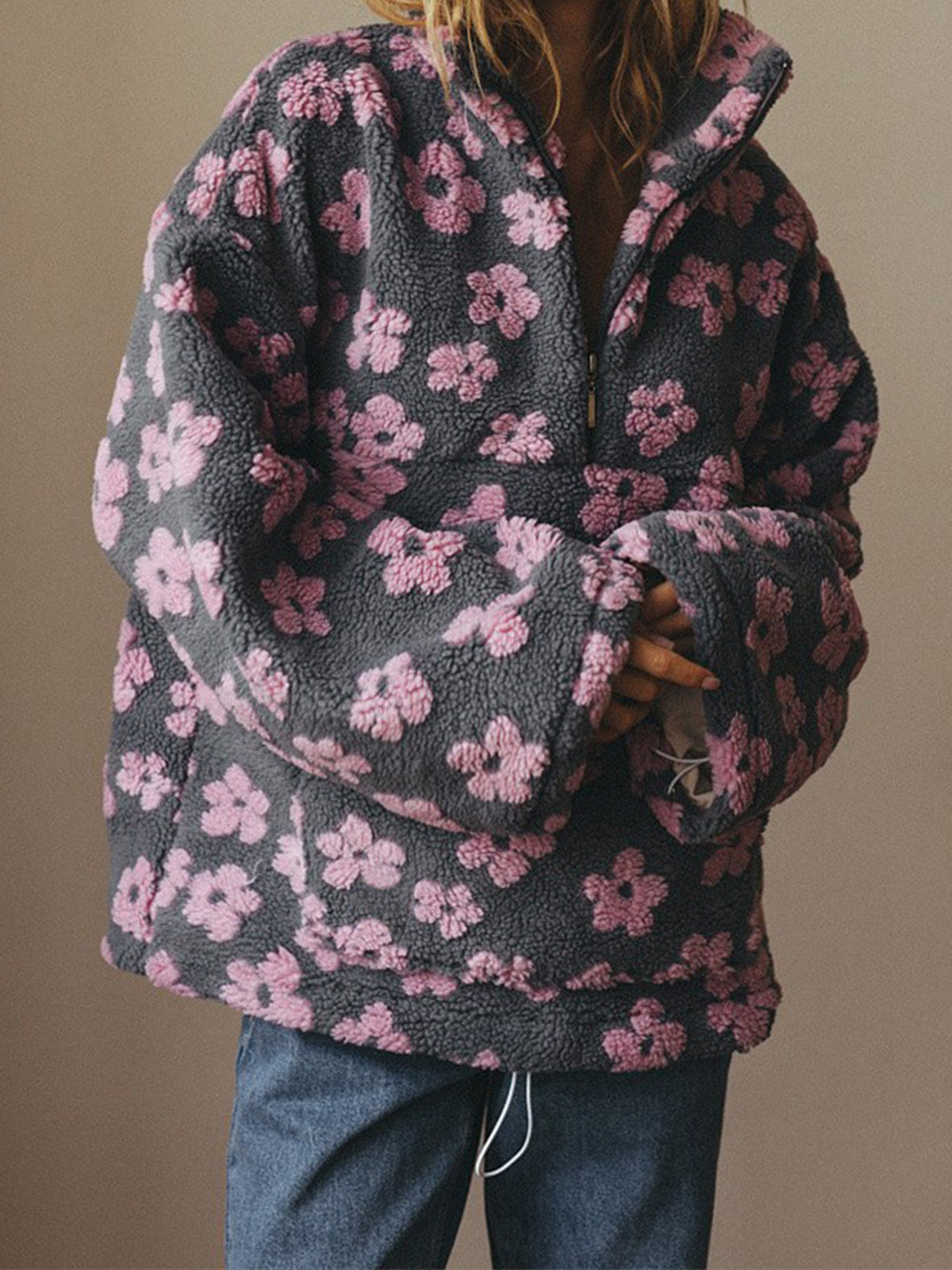 Floral Loose Fleece Shirt Fashion Zipper Pocket Sweaters