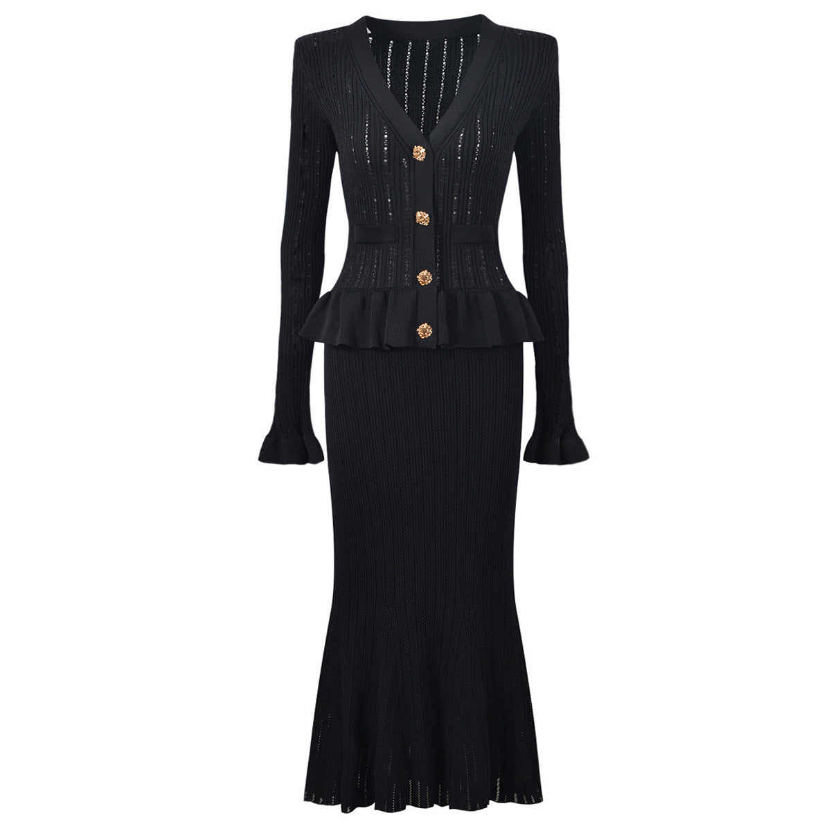 Knitted Dress Long Sleeve Fishtail Fashion Buttons Dresses