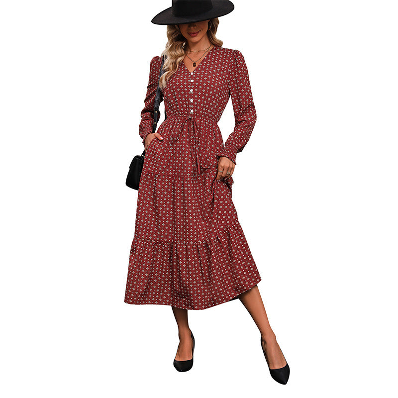 Women's Fashion Wear Long Style Sleeve Printing Dresses
