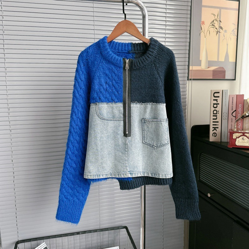 Women's French Minority Pullover Contrast Color Denim Tops
