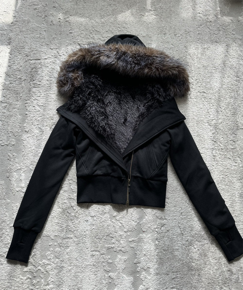 Women's Hooded Fur Collar Plush Liner Slimming Sweaters