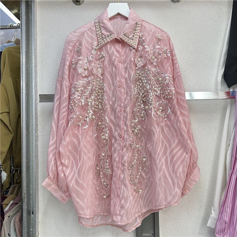 Women's Single Breasted Long Sleeve Mid-length Sequined Blouses