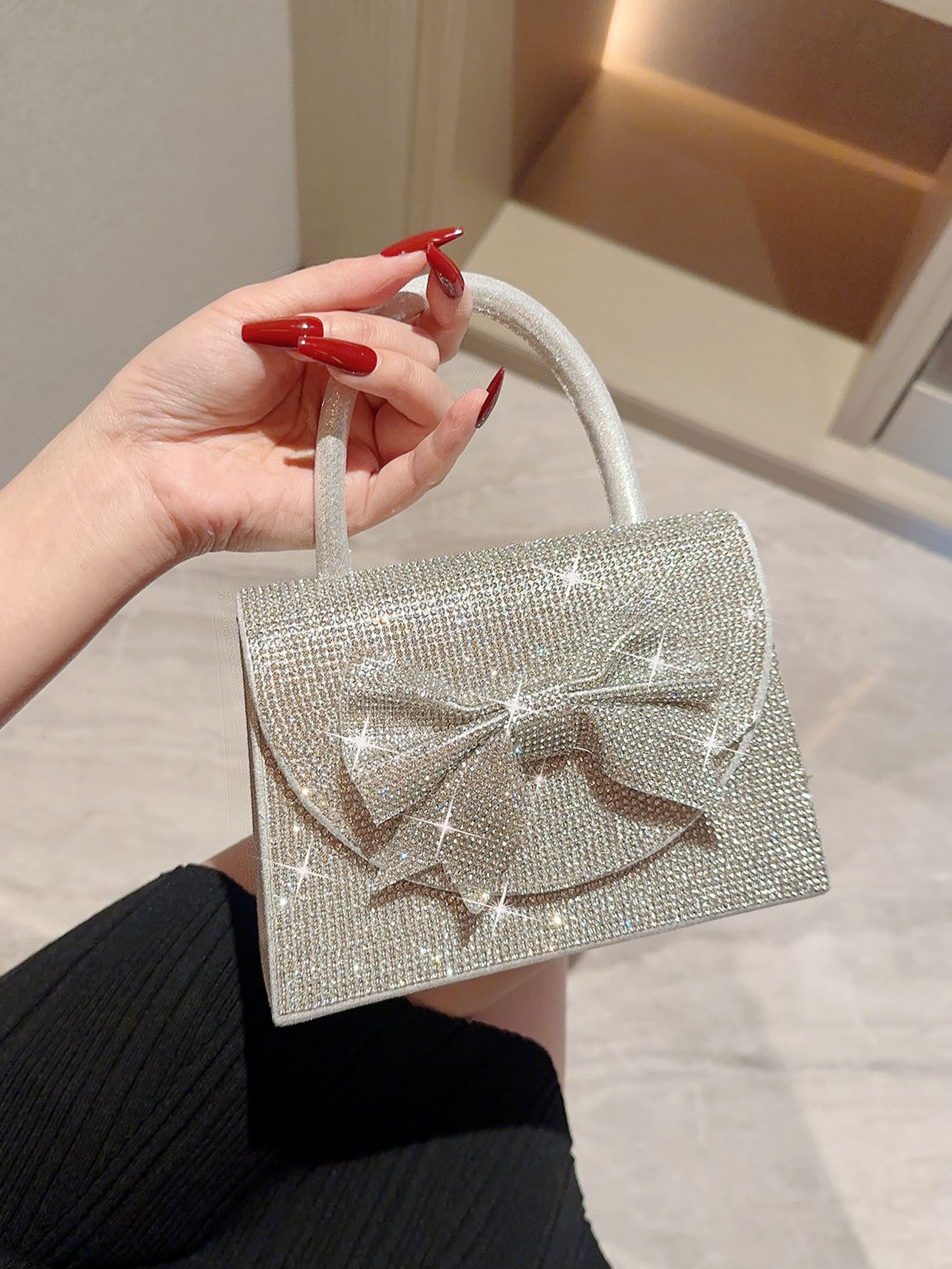 Shiny Dinner Rhinestone Bow Box Hand Bags