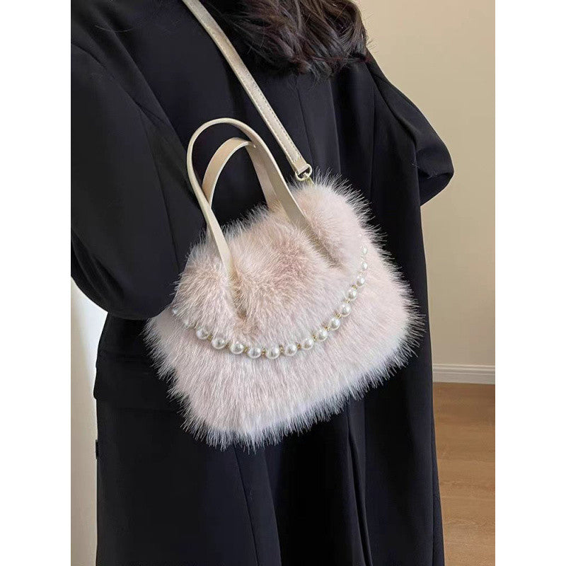 Women's Furry Fashion Pearl Plush Cute Commuter Crossbody Bags