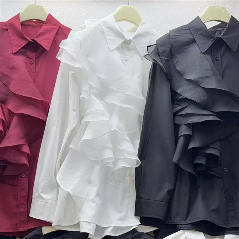 Women's Light Luxury Chic Shirt Fashion Ruffles Stitching Design Single-breasted Blouses