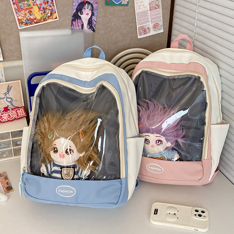 Women's Cartoon Doll Transparent Badge Cute Sister Backpacks