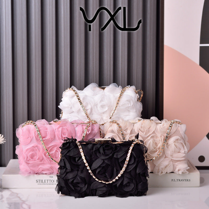 Women's Chiffon Flower Dinner Champagne Clutch Handmade Evening Bags