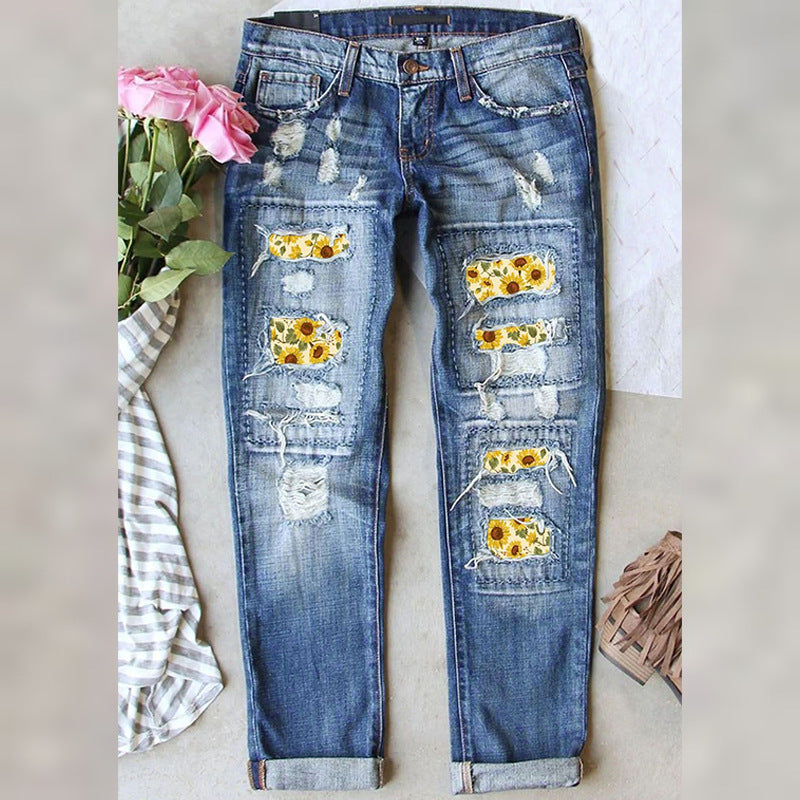 Women's Beautiful Fashion Printing Hole Straight Jeans
