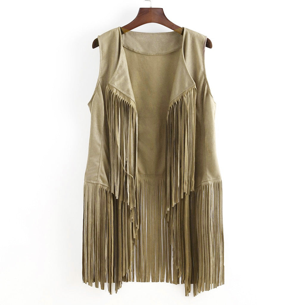 Women's Summer Deerskin Solid Color Temperamental Tassels Sleeveless Tops