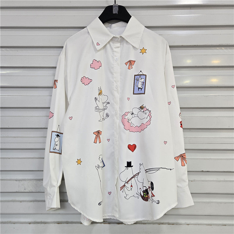 Women's Pink Cute Cartoon Printed Striped Design Shirt Autumn Blouses