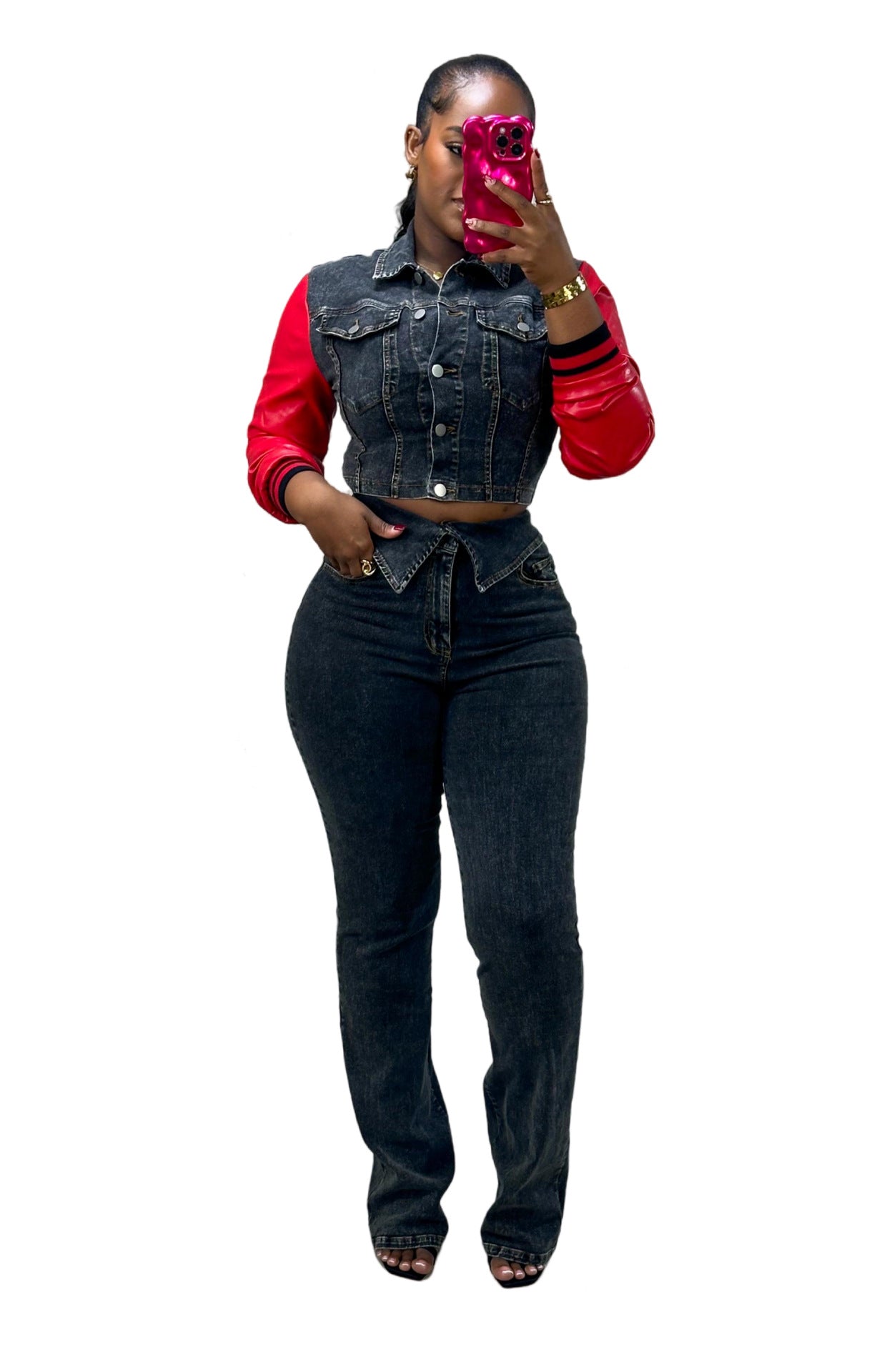 Women's Denim Leather Stitching Stretch Trousers Suits