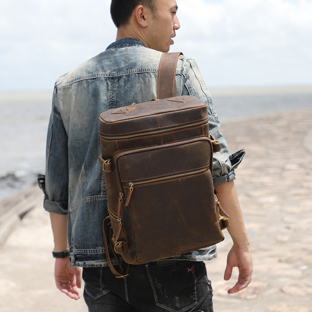 Men's Crazy Horse Leather Retro Large Capacity Backpacks