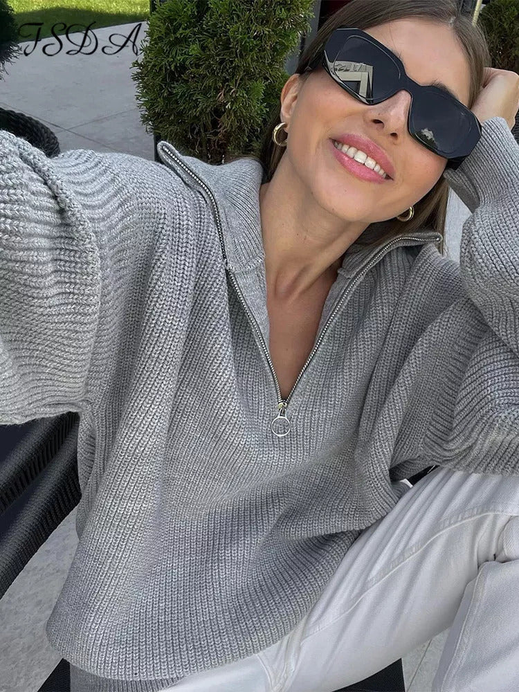 Women's Elegant Loose Zip Casual Knitted Sweaters
