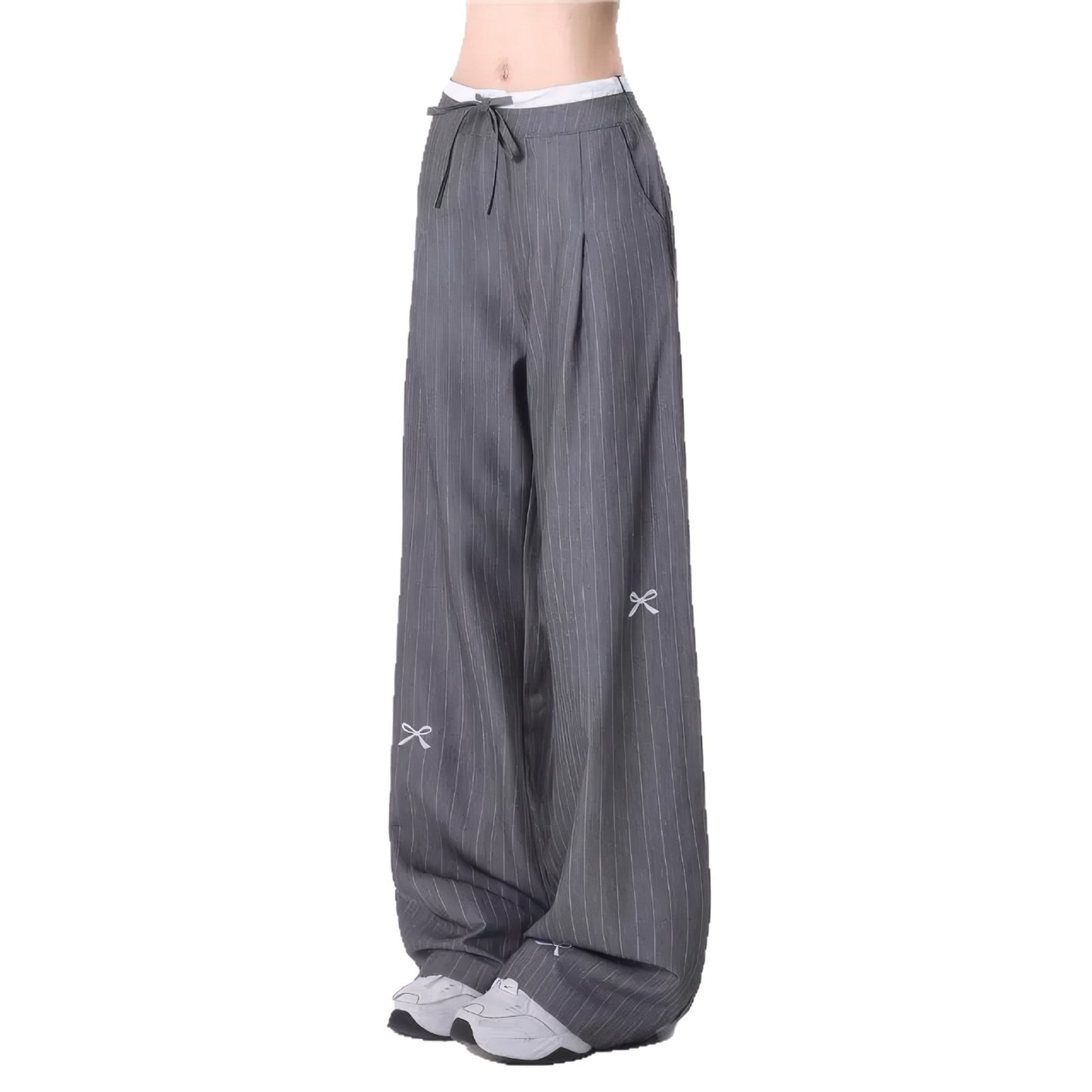 Women's Bow Casual High Waist Straight Gray Pants