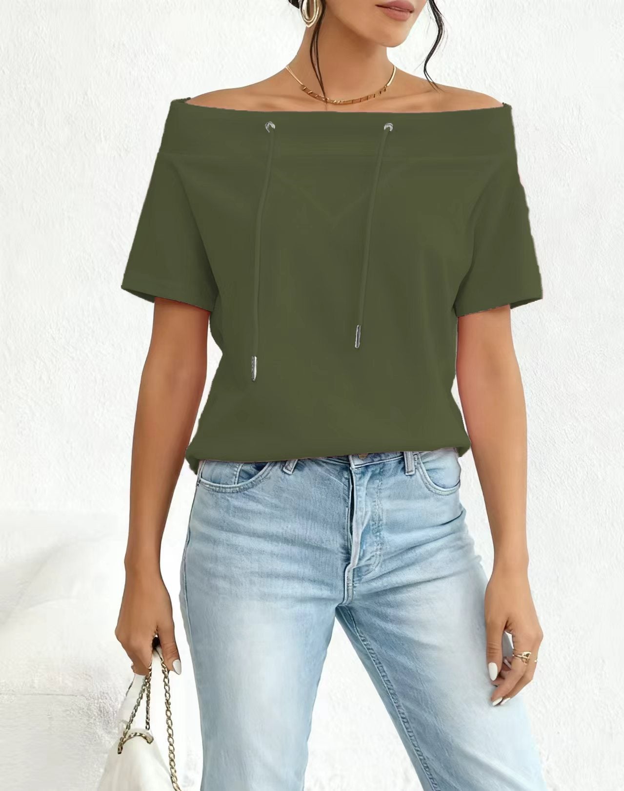 Women's Oblique Shoulder Loose Casual Drawstring Sweatshirt Women's Sweater, Sweater