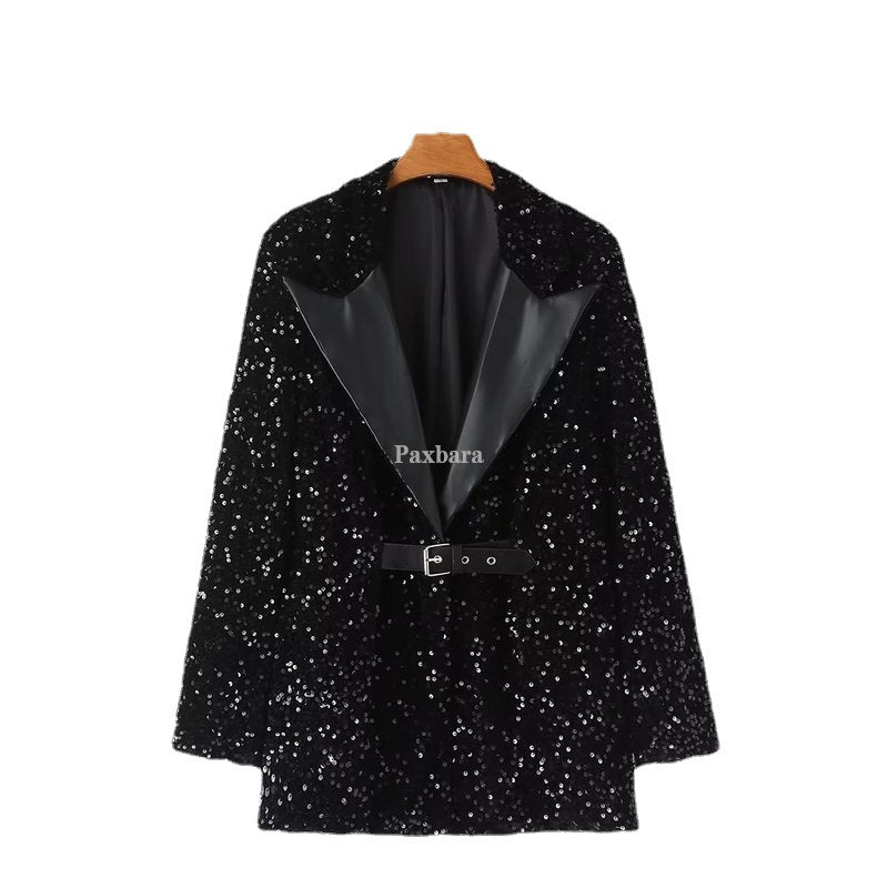Women's Stylish Patchwork Neckline Casual Sequin Blazers