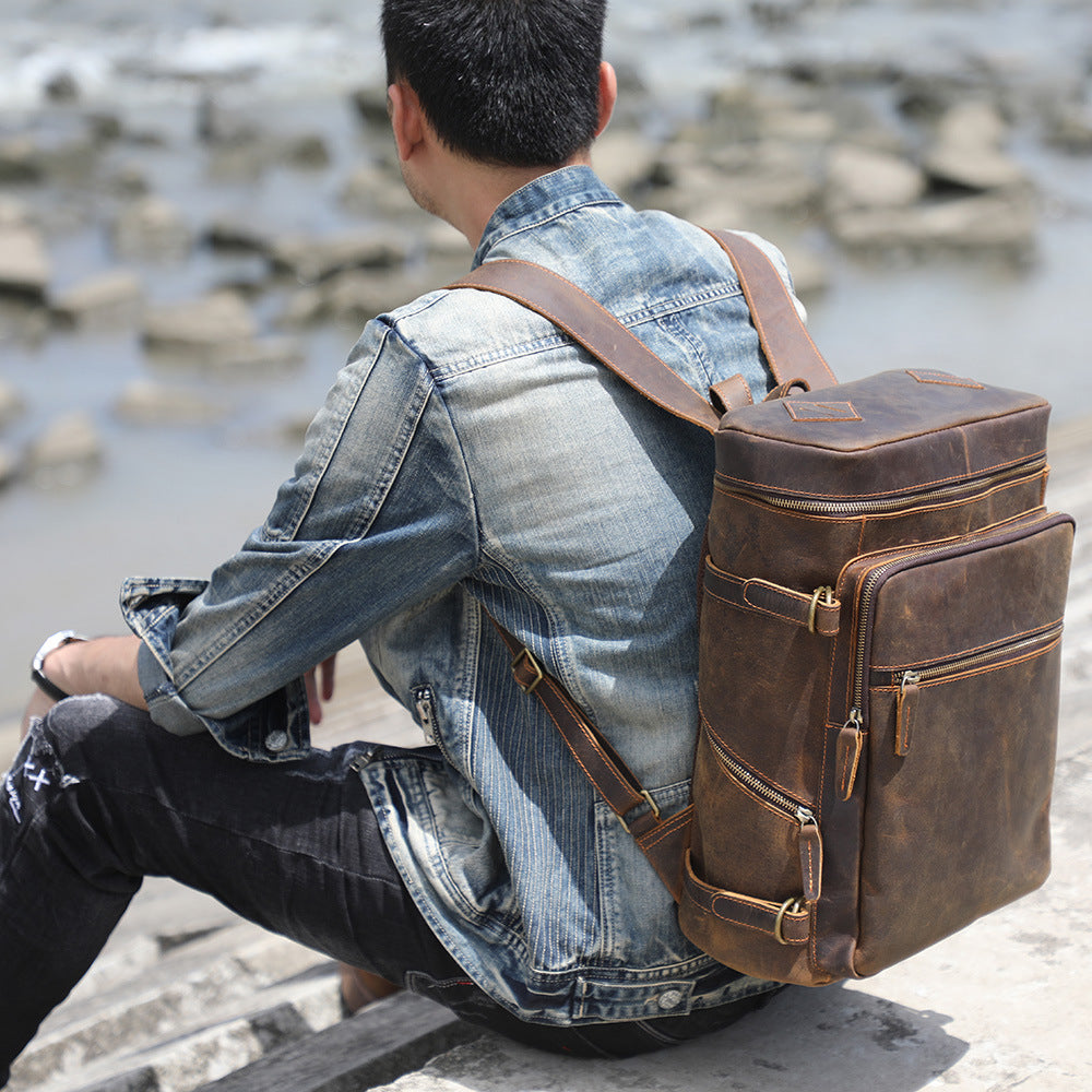Men's Crazy Horse Leather Retro Large Capacity Backpacks