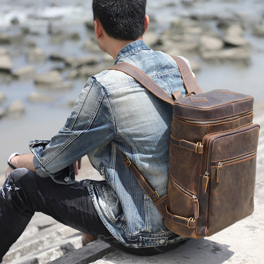 Men's Crazy Horse Leather Retro Large Capacity Backpacks