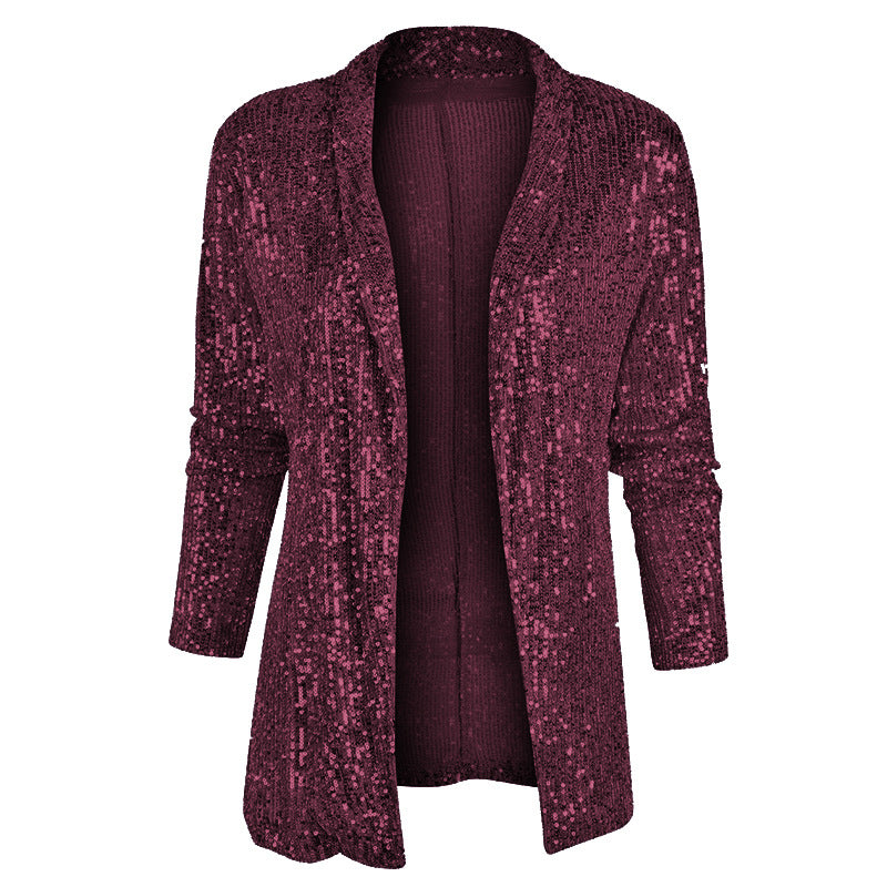 Women's Spring Sequined Long Sleeve Elegant Mid-length Small Polo Collar Blazers