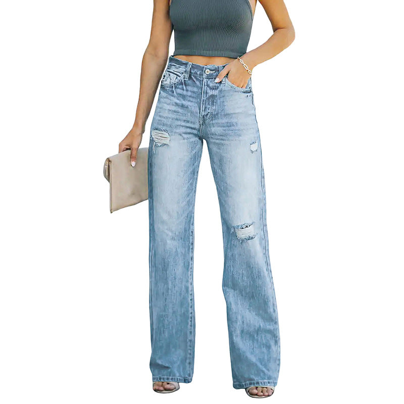 Women's Water Washed Hole Denim Trousers Are Super Women's Jeans