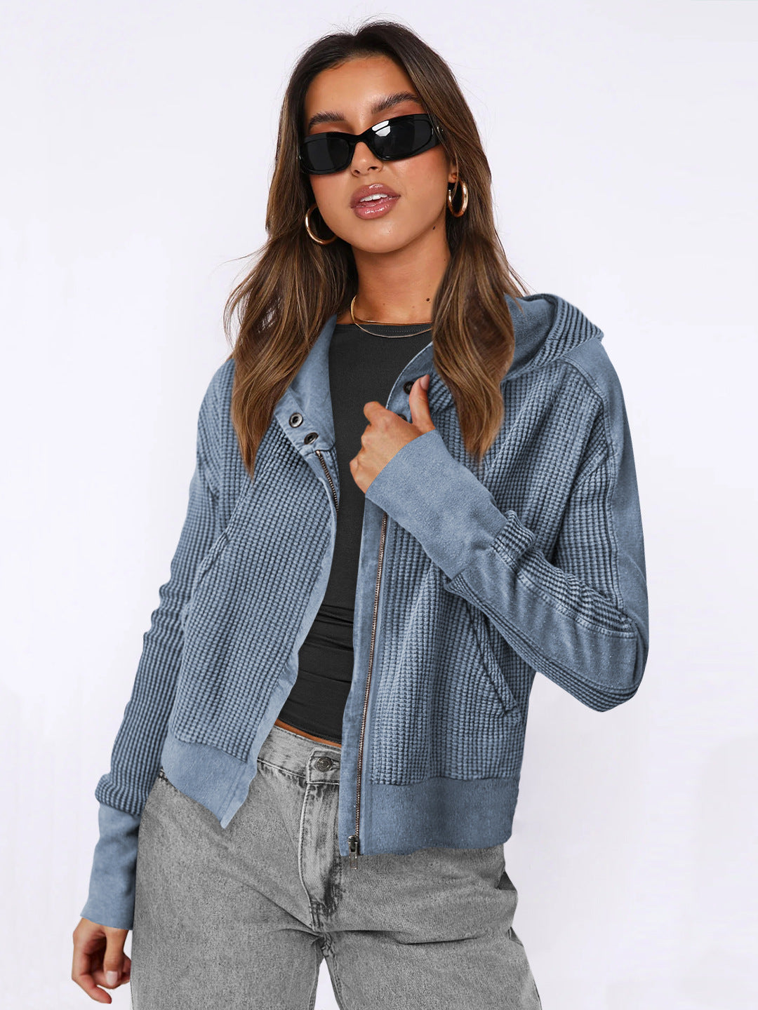Women's Patchwork Hoodie Idle Style Zipper Hooded Sweaters