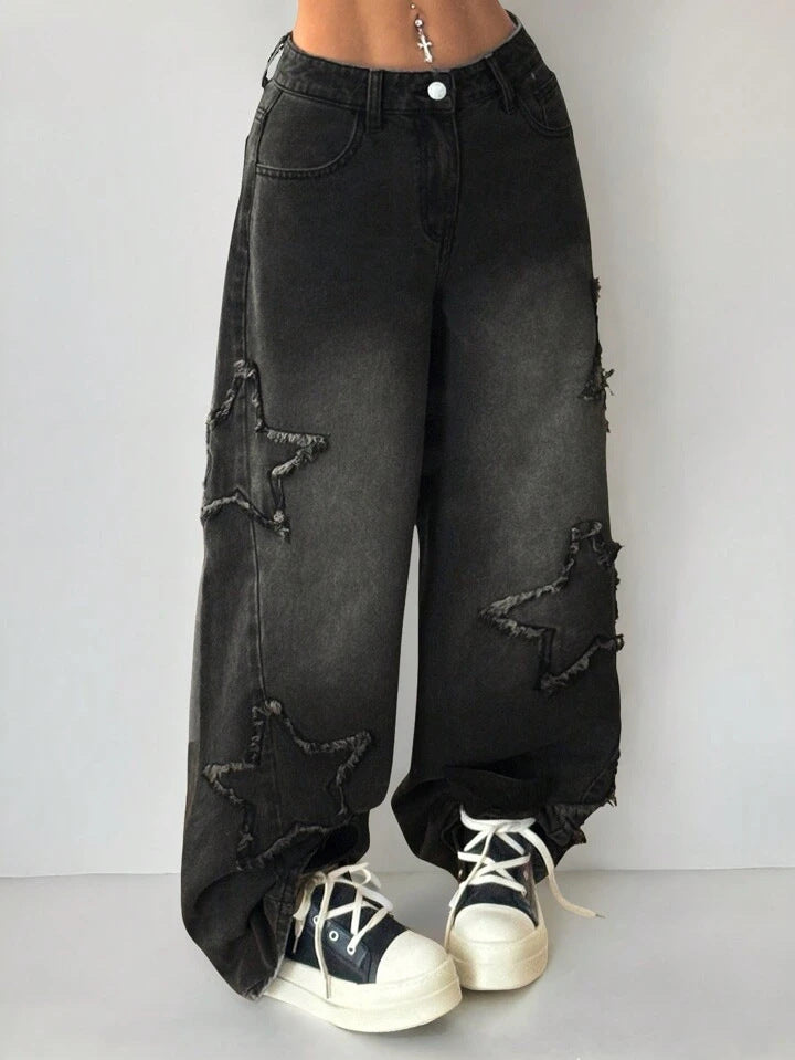 Women's High Street Fashion Fried Pentagram Embroidered Elastic Jeans