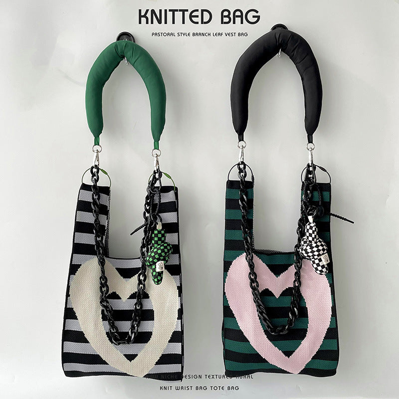 Design Striped Heart Knitted Versatile Large Shoulder Bags