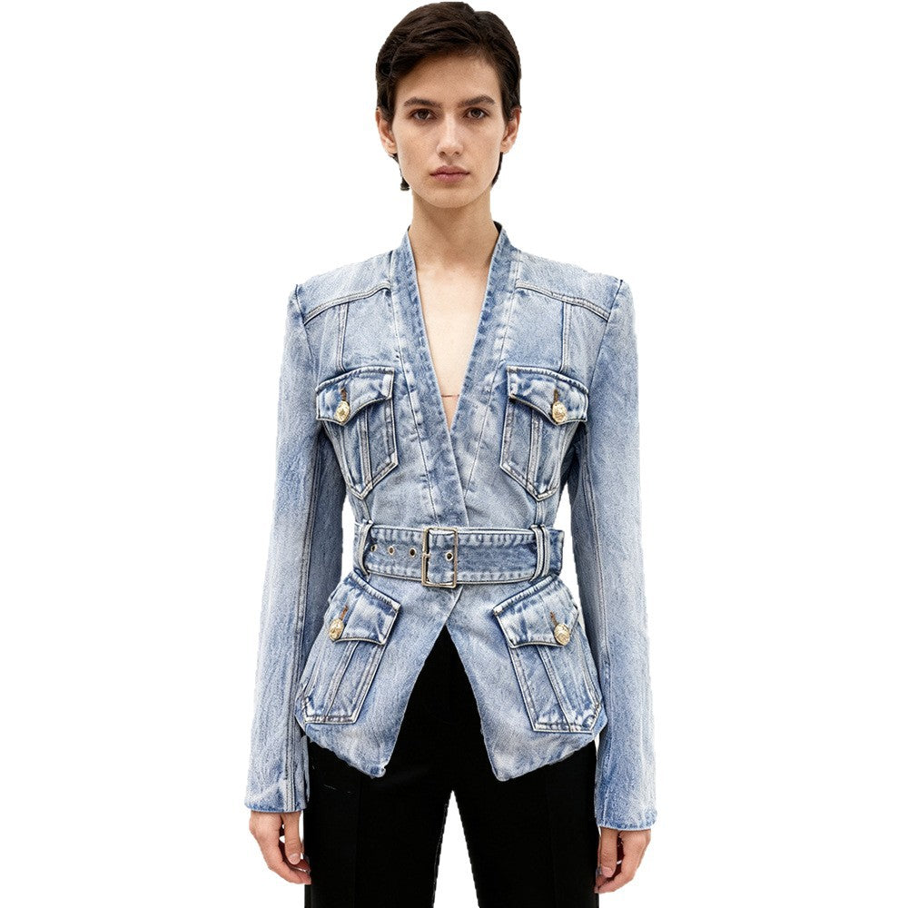 Early Autumn Fashion Belt Washed Denim Jackets