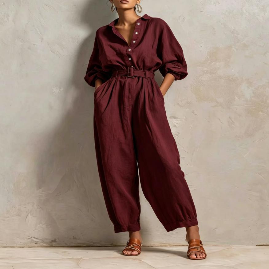 Women's Button Belt Solid Color Slim Fit Women's Jumpsuit/clothing