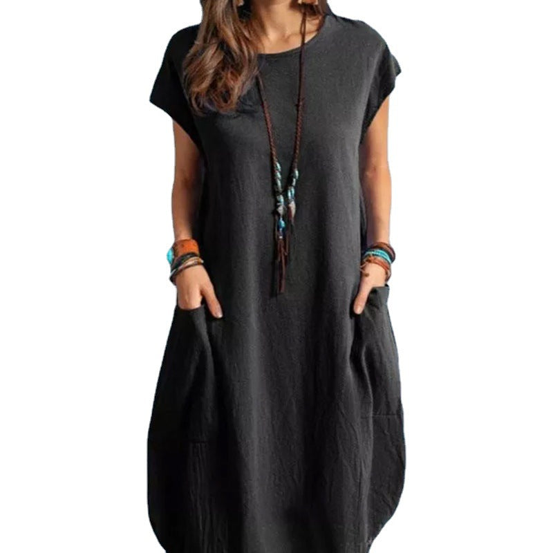 Women's Cotton Linen Loose Casual Solid Color Pocket Dress