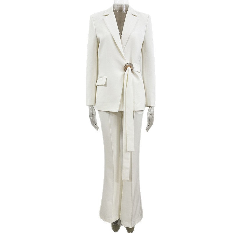 White Simple Series Belt Two-piece Set Fashion Casual Suit