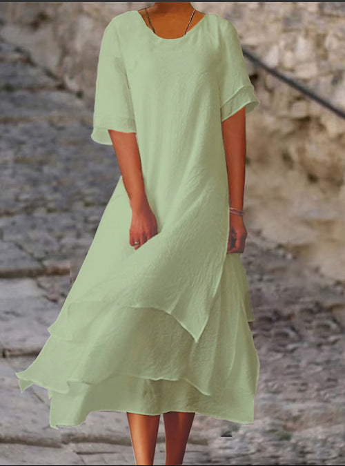 Cotton Linen Color Matching Slit Sleeve Dresses