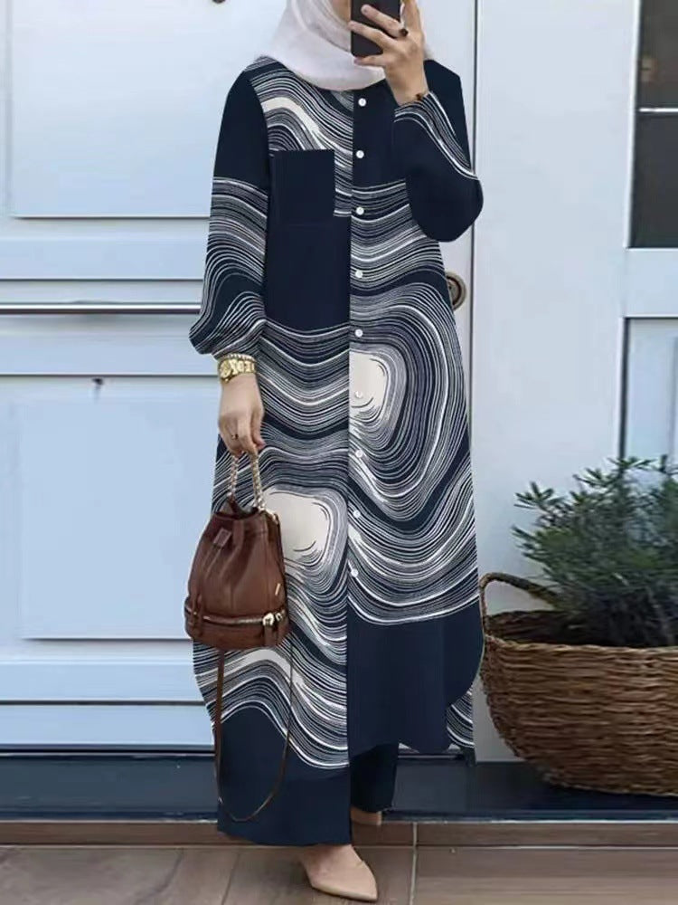 Women's Muslim Temperament Patchwork Long Sleeve Lapel Blouses