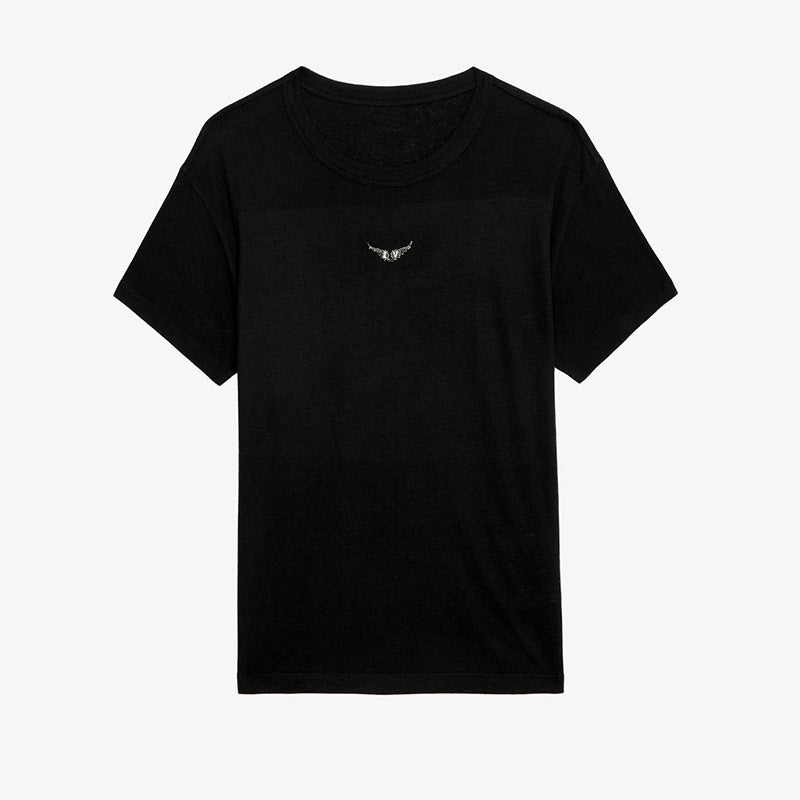 Women's Niche Front Wings Rhinestone Hem Letter Printing Blouses