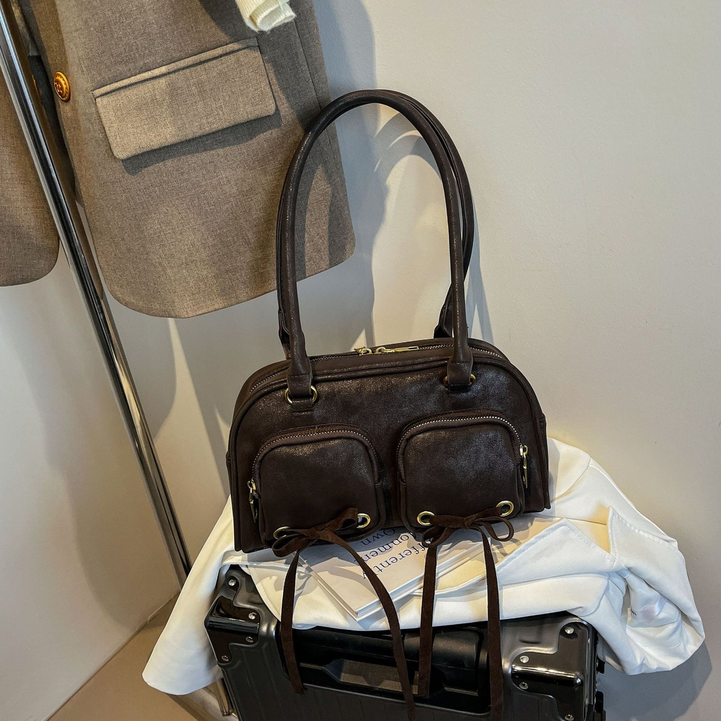 Women's Korean Style Trendy Double Pocket Bowknot Bowling Underarm Shoulder Bags