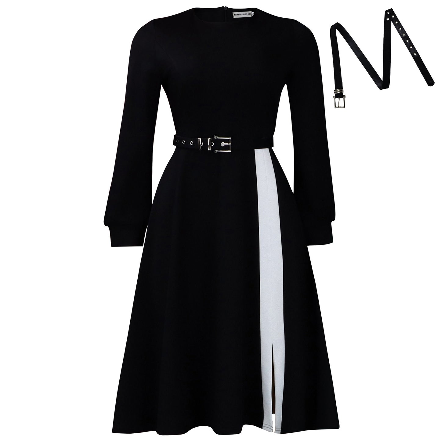 Women's Long Sleeve Round Neck Solid Color High Waist Dress