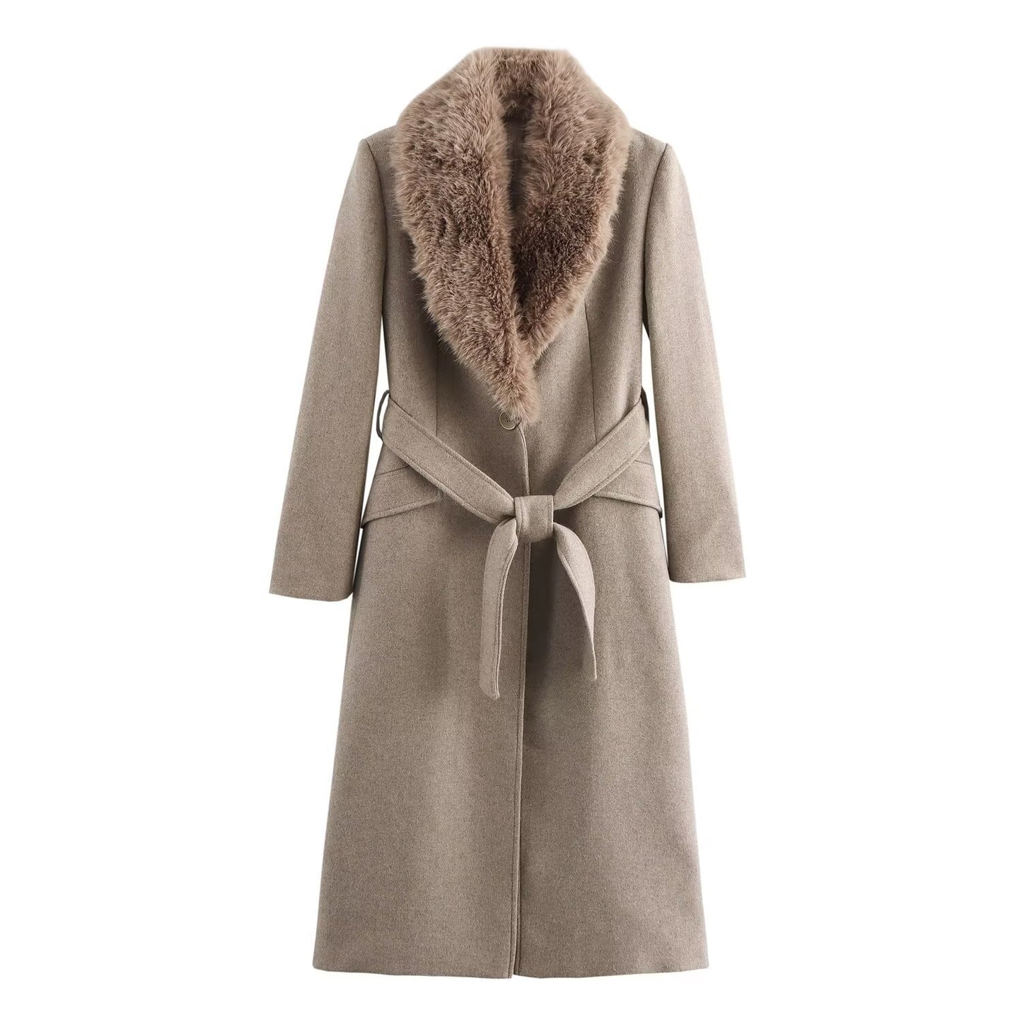 Autumn Fur Collar Belt Temperament Woolen Coats