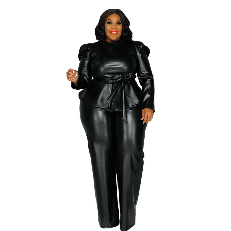 Women's Large Leather Stand Collar Belt Long-sleeved Suits