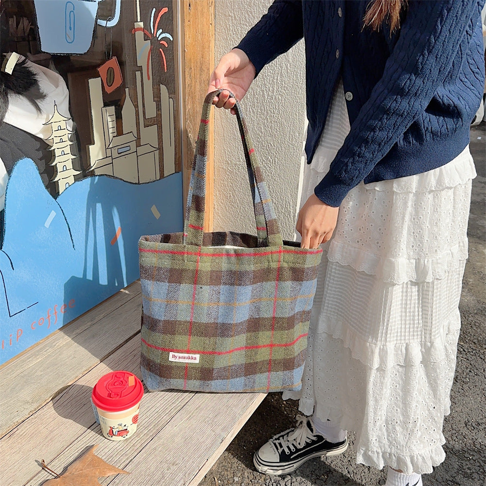 Women's Large Capacity Vintage Woolen Plaid Portable Shoulder Bags