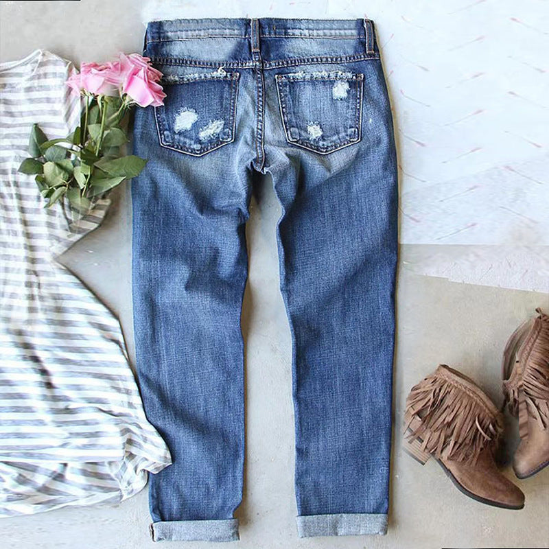 Women's Ripped Print Handmade Rhinestone Denim Trousers Jeans