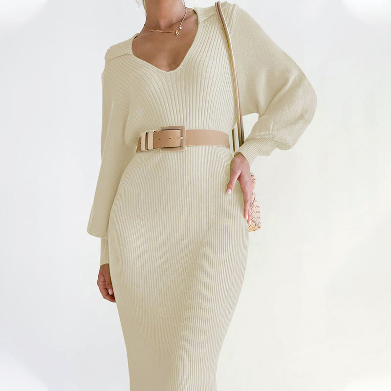 Retro Lightly Mature Lantern Sleeve Solid Dresses