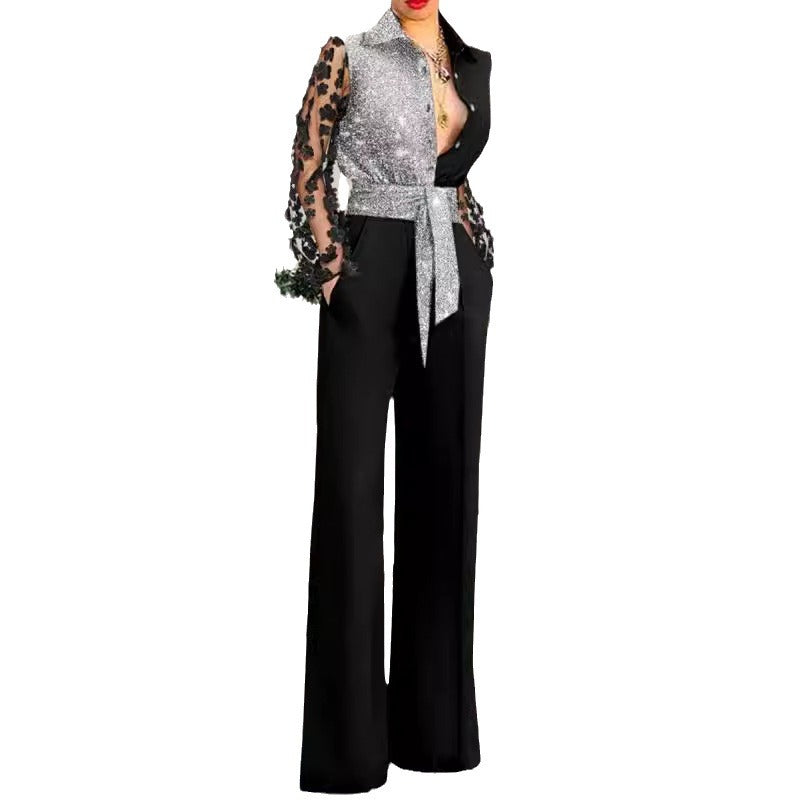Women's Elegant Sexy Lace Stitching Bell-bottom Jumpsuits